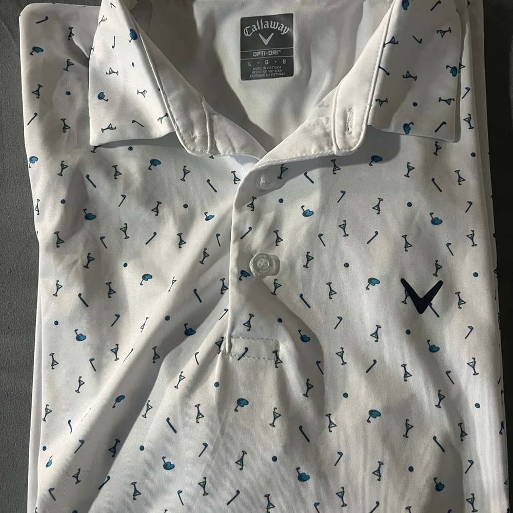 Callaway Men's White Shirt with Blue Accents Opti-Dri golf shirt.